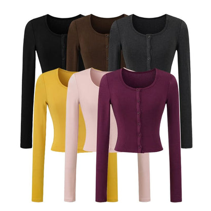 Crew Neck Button-Up Plain Crop Cardigan