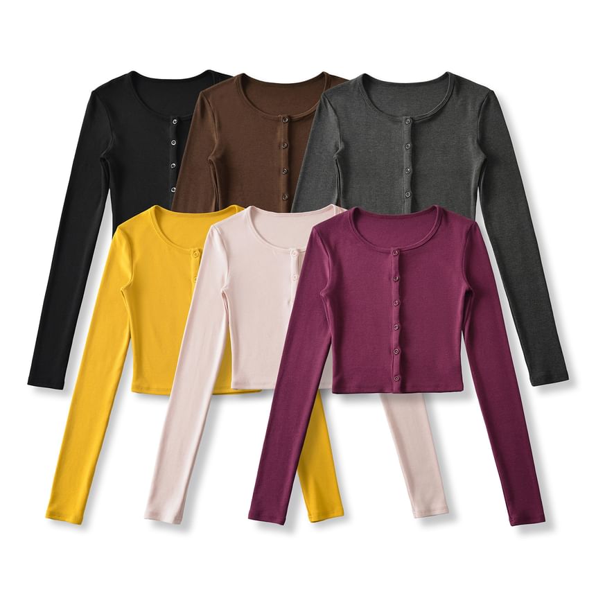 Crew Neck Button-Up Plain Crop Cardigan
