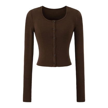 Crew Neck Button-Up Plain Crop Cardigan