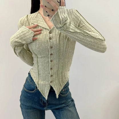 Asymmetrical Button-Up Plain Crop Cardigan