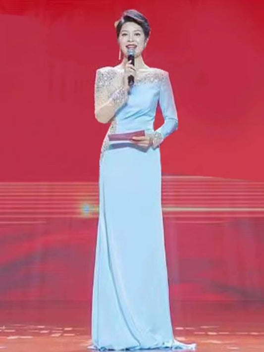 Long-Sleeve Rhinestone Sheer Panel A-Line Evening Gown