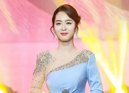 Sheer Long-Sleeve Rhinestone Gown A-Line Panel Evening