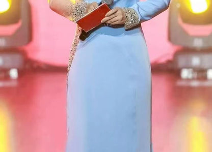 Sheer Long-Sleeve Rhinestone Gown A-Line Panel Evening