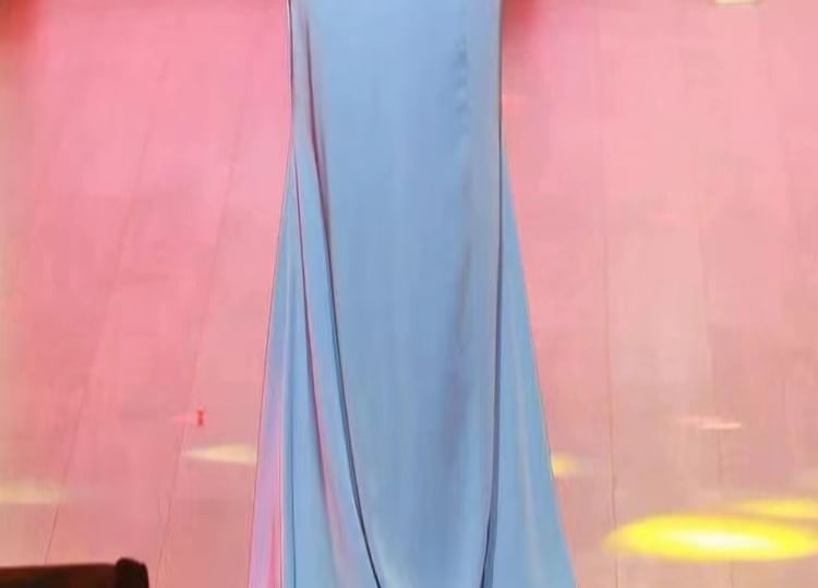 Long-Sleeve Rhinestone Sheer Panel A-Line Evening Gown
