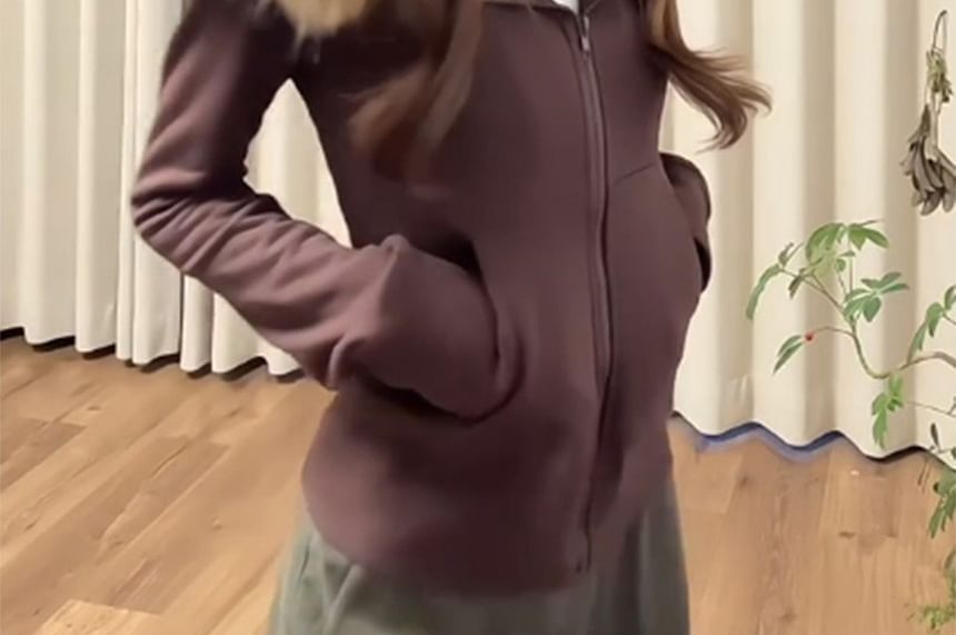 Plain Fluffy Trim Zip Hoodie