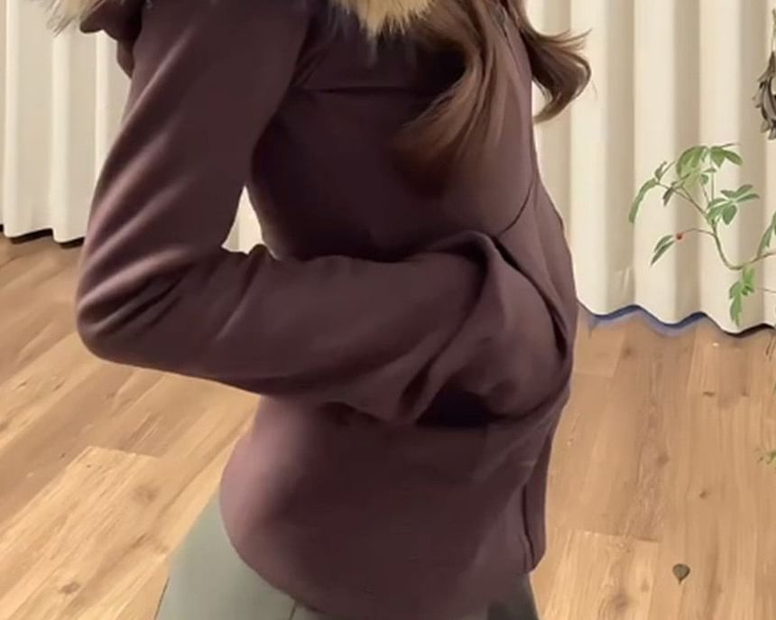 Plain Fluffy Trim Zip Hoodie