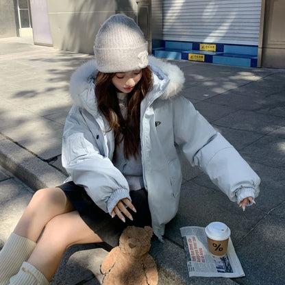 Fluffy Hooded Plain Zip Puffer Jacket