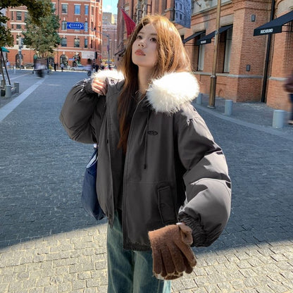 Fluffy Hooded Plain Zip Puffer Jacket