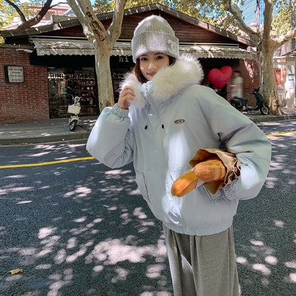 Fluffy Hooded Plain Zip Puffer Jacket