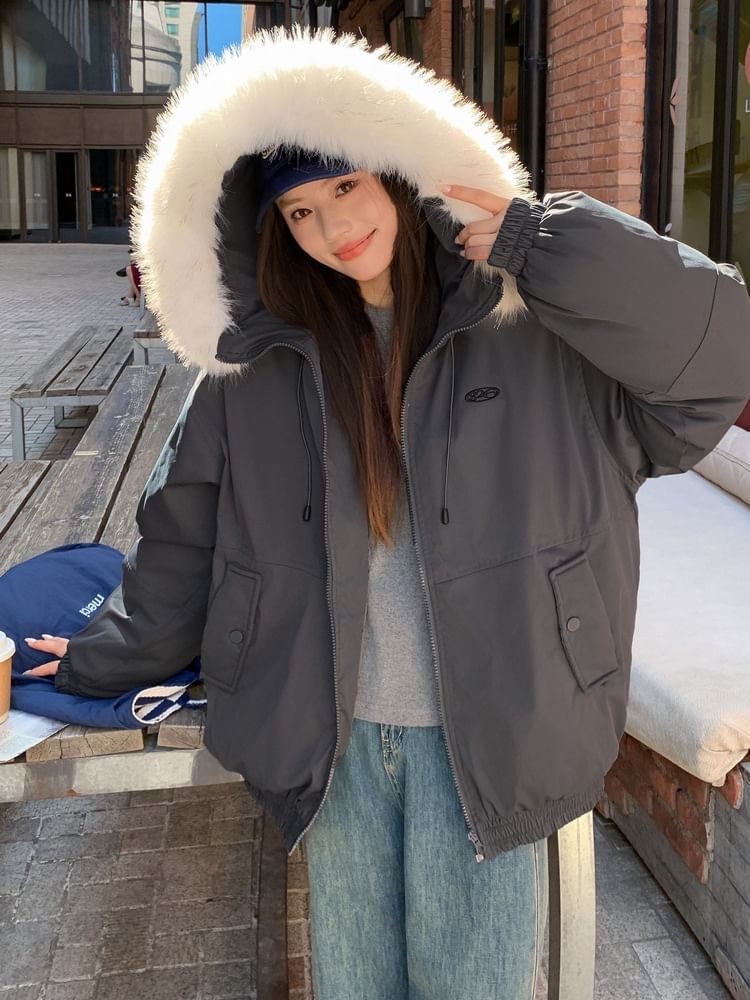 Fluffy Hooded Plain Zip Puffer Jacket
