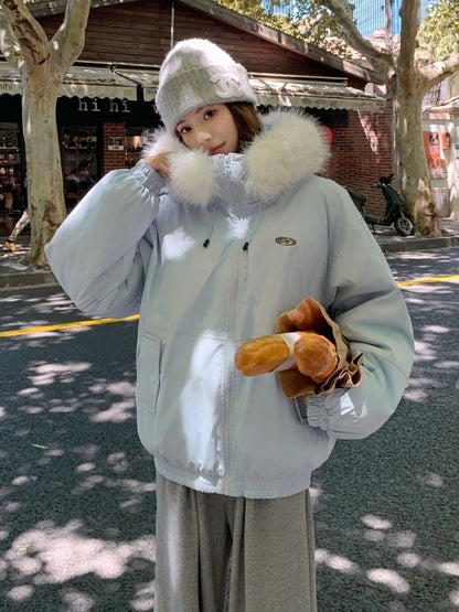 Fluffy Hooded Plain Zip Puffer Jacket