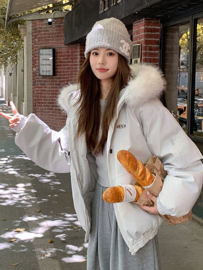 Fluffy Hooded Plain Zip Puffer Jacket