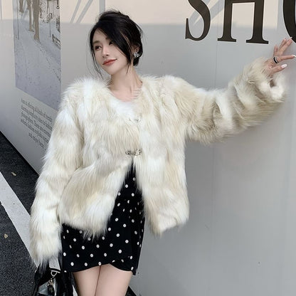 V-Neck Faux Fur Jacket