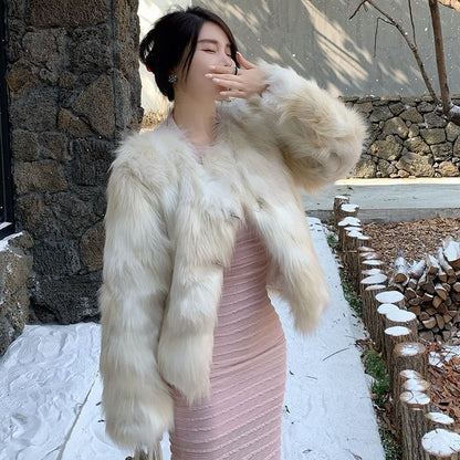 V-Neck Faux Fur Jacket