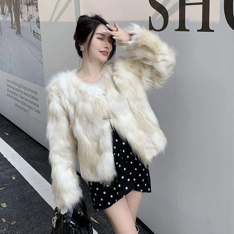 V-Neck Faux Fur Jacket