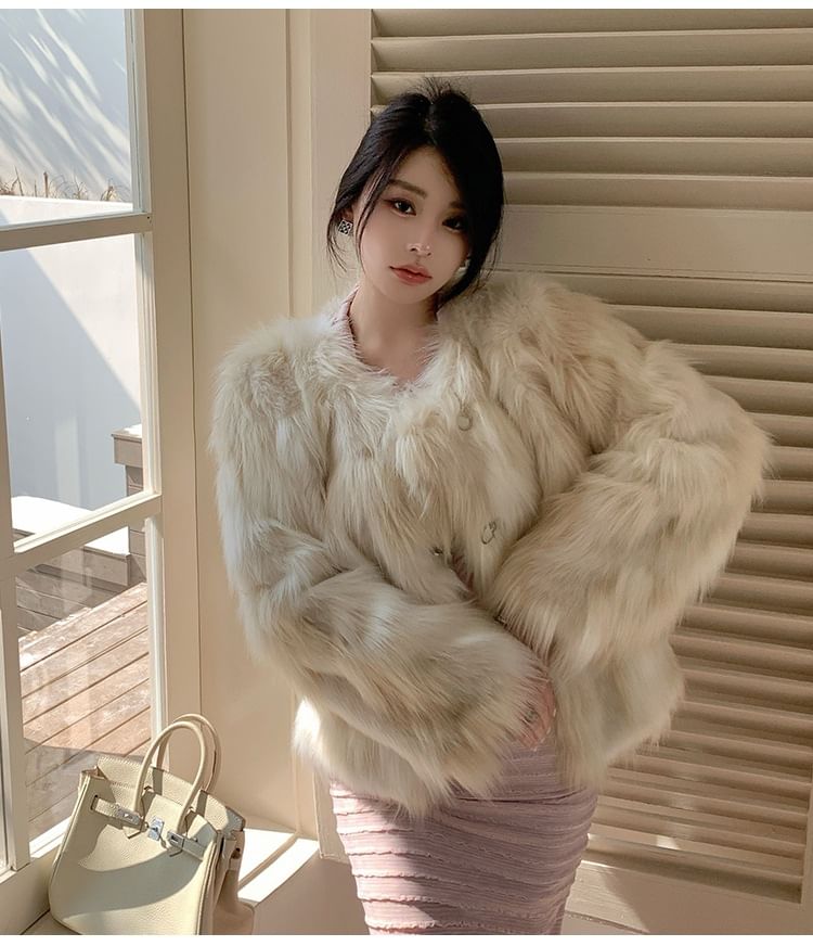V-Neck Faux Fur Jacket