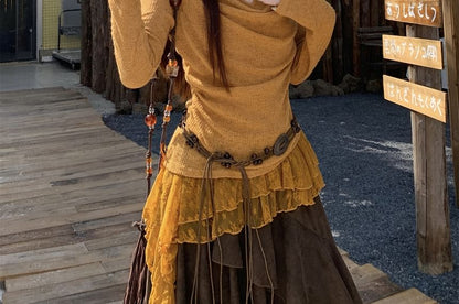Set: Cowl-Neck Crop Top, Lace-Panel Halter Top, Midi A-Line Skirt and Beaded Belt