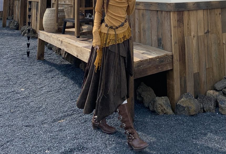 Set: Cowl-Neck Crop Top, Lace-Panel Halter Top, Midi A-Line Skirt and Beaded Belt