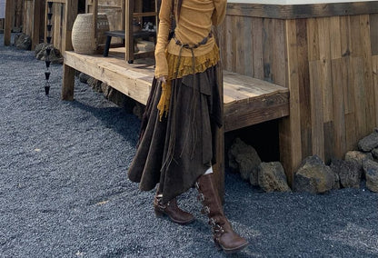Set: Cowl-Neck Crop Top, Lace-Panel Halter Top, Midi A-Line Skirt and Beaded Belt