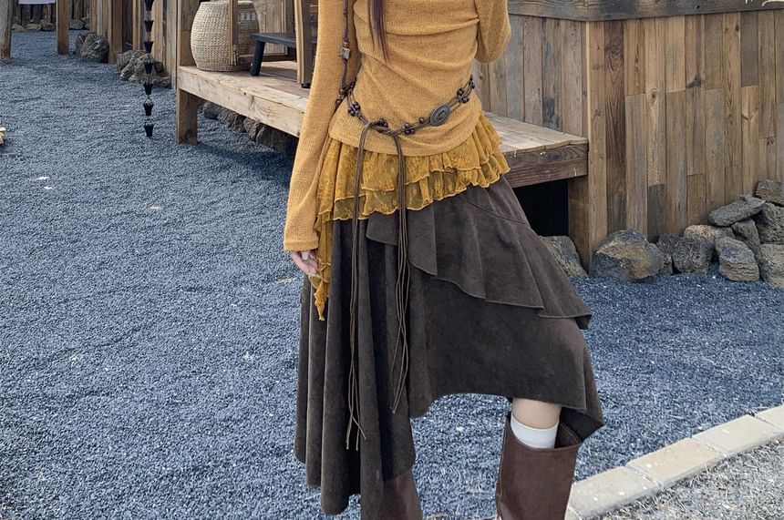 Set: Cowl-Neck Crop Top, Lace-Panel Halter Top, Midi A-Line Skirt and Beaded Belt