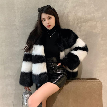 Round Neck Striped Faux Fur Jacket