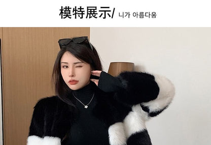 Round Neck Striped Faux Fur Jacket