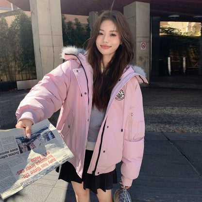 Fluffy Hooded Plain Puffer Jacket