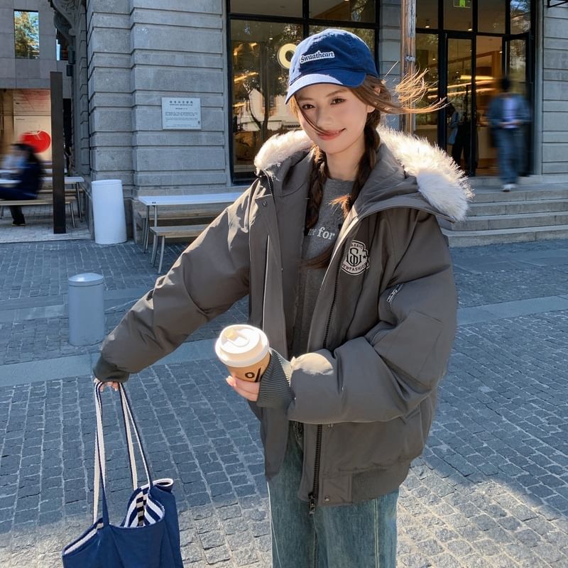 Fluffy Hooded Plain Puffer Jacket