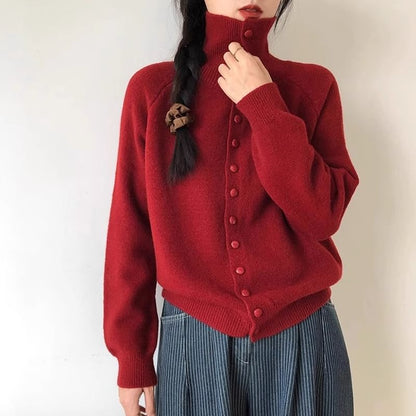 Turtleneck Plain Button Up Cardigan