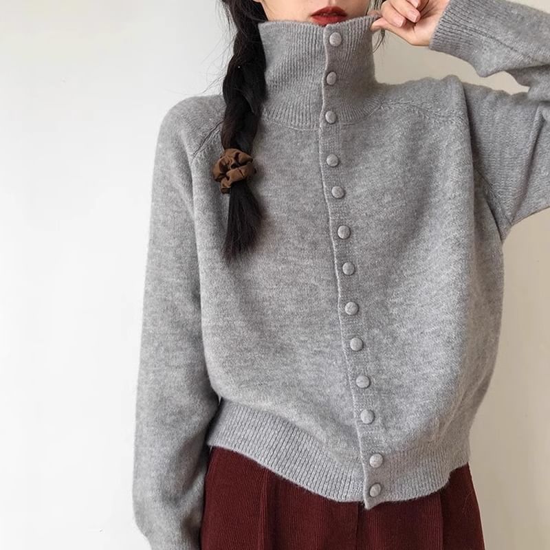 Turtleneck Plain Button Up Cardigan