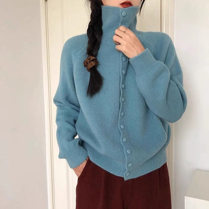 Turtleneck Plain Button Up Cardigan