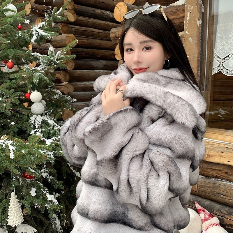 Collared Striped Faux Fur Jacket