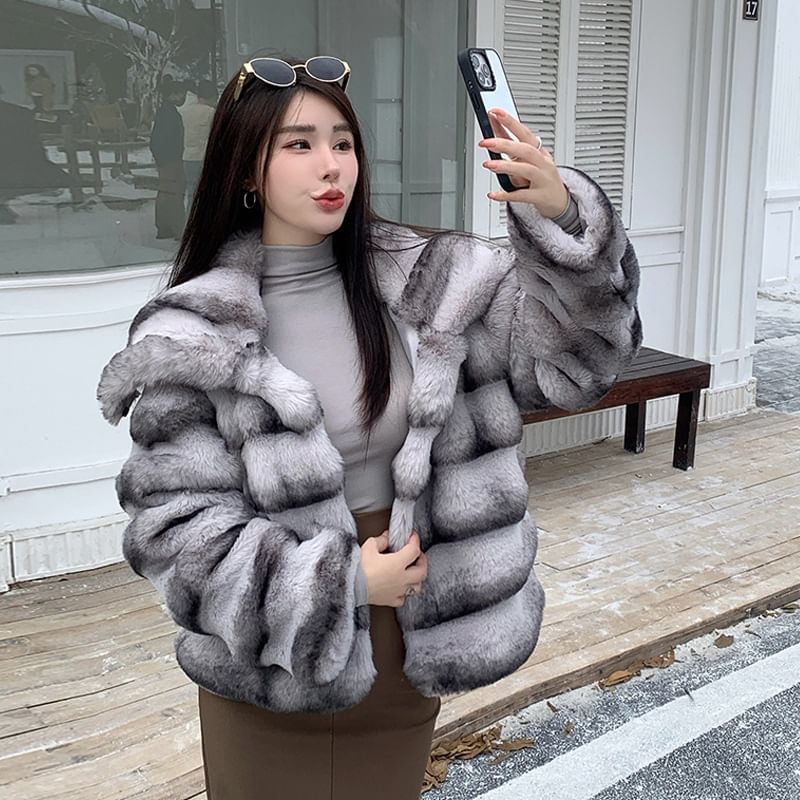 Collared Striped Faux Fur Jacket
