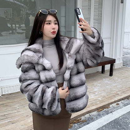Collared Striped Faux Fur Jacket