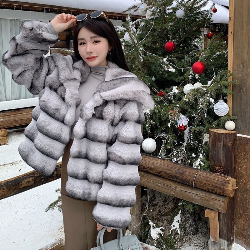 Collared Striped Faux Fur Jacket