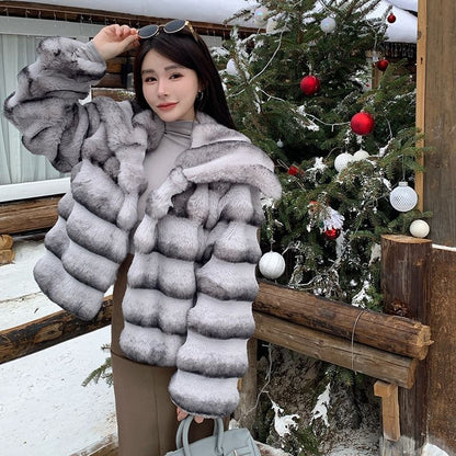 Collared Striped Faux Fur Jacket