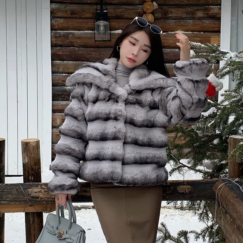 Collared Striped Faux Fur Jacket