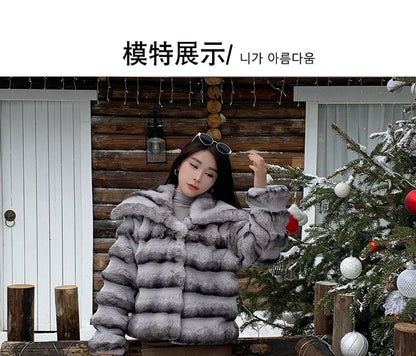 Collared Striped Faux Fur Jacket