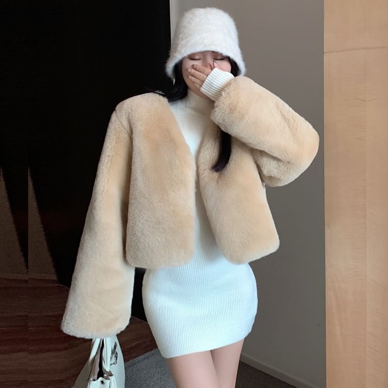 V-Neck Plain Fluffy Jacket