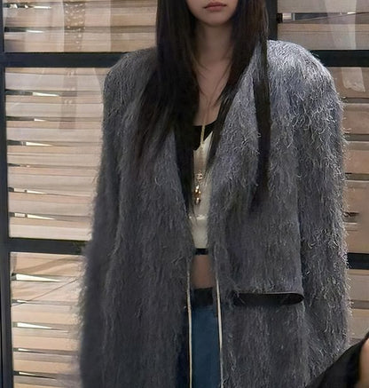 Long Sleeve Plain Faux Fur Coat / V-Neck Contrast-Trim Camisole Top