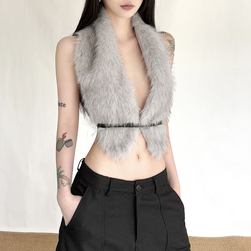 Halter Neck Faux Fur Open-Back Vest