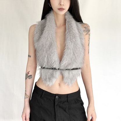 Halter Neck Faux Fur Open-Back Vest