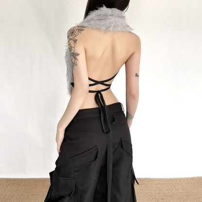 Halter Neck Faux Fur Open-Back Vest