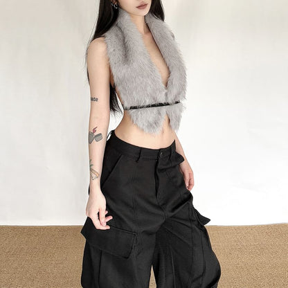 Halter Neck Faux Fur Open-Back Vest