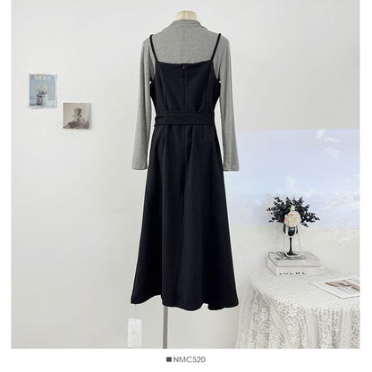 Ensemble: Mock Neck Tee and Tie-Waist Midi Dress