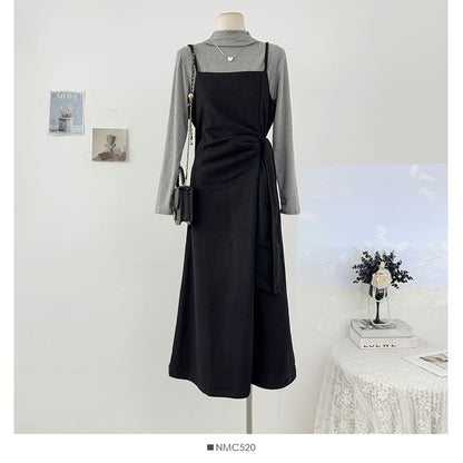 Ensemble: Mock Neck Tee and Tie-Waist Midi Dress