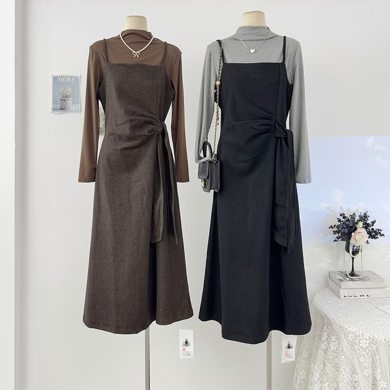 Ensemble: Mock Neck Tee and Tie-Waist Midi Dress