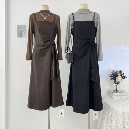 Ensemble: Mock Neck Tee and Tie-Waist Midi Dress