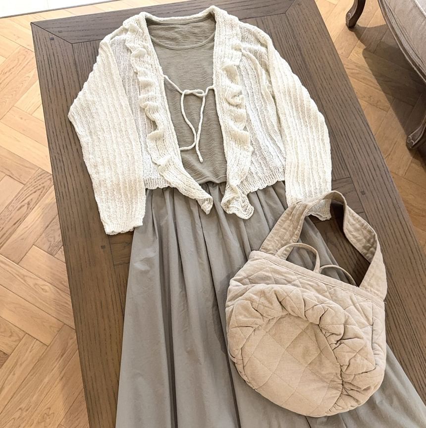 Plain Ruffle Tie Front Cardigan