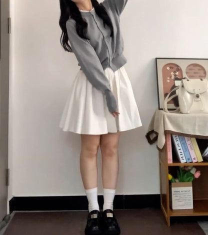 Round Neck Plain Button Up Cardigan / High Waist Mini Pleated Skirt